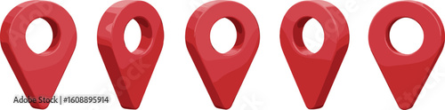 3D red map pointer icon set with circular holes, navigation location markers for GPS, map apps, travel and direction tools