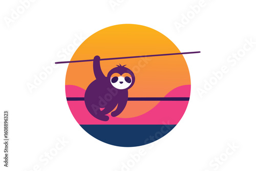 Sloth Lazily Hanging from a Neon Powerline with a Cityscape Background