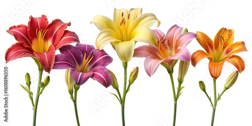 Diverse array of vibrant daylilies in full bloom, isolated on white background