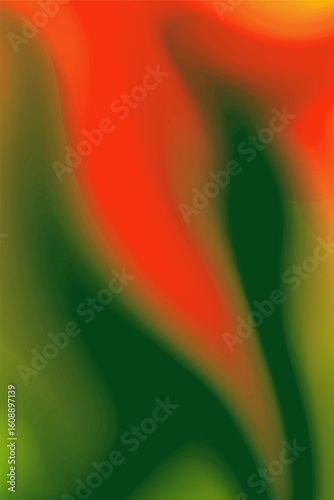 An intense abstract artwork with bold red, dark green, and yellow hues, forming a dynamic and energetic visual resembling a fiery stream.