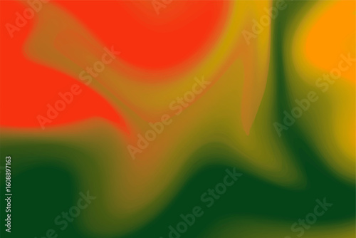 A vivid abstract composition with molten red, golden yellow, and forest green merging together, giving a sense of heat and organic motion.