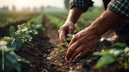 Farmer Planting Seedlings by Hand in Fertile Soil at Sunrise