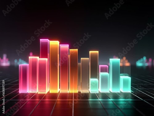 Colorful 3D Neon Bar Chart on Futuristic Grid Background