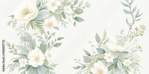 Botanical Watercolor Flower Clipart Pack with Butter Yellow Blooms, Dusty Blue and Sage Leaves, and Ivory White Flowers Isolated on Transparent

