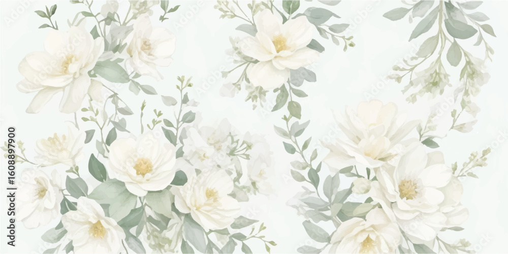 Fototapeta premium Botanical Watercolor Flower Clipart Pack with Butter Yellow Blooms, Dusty Blue and Sage Leaves, and Ivory White Flowers Isolated on Transparent 
