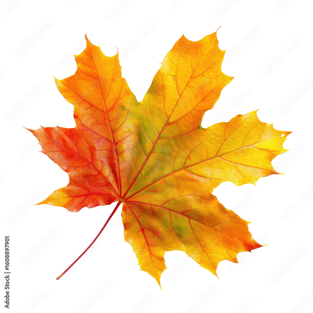 Fototapeta premium Vibrant autumn maple leaf, isolated against black