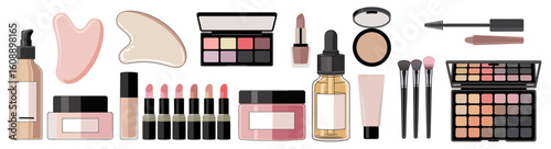 A collection of makeup products including lipsticks, nail polish, and eye shadow. Concept of abundance and variety, with many different shades and colors available
