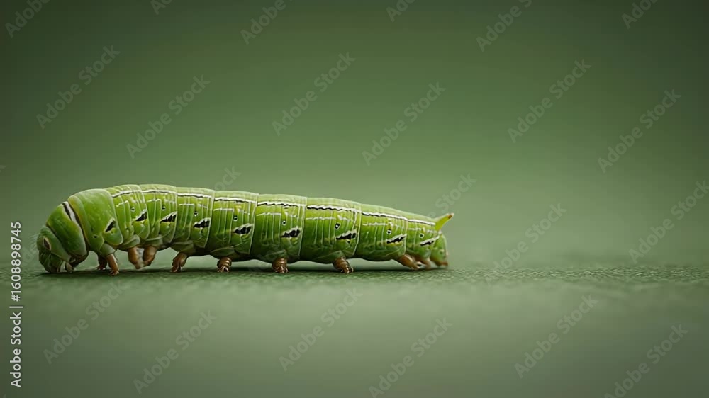 Green Caterpillar: A close-up shot of a vibrant green caterpillar resting peacefully on a large, textured, muted green leaf. Green Caterpillar: A close-up shot of a vibrant green caterpillar resting peacefully on a large, textured, muted green leaf.