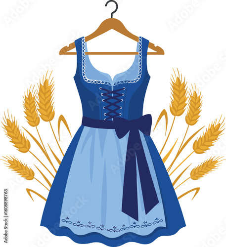 Traditional Bavarian dirndl dress with ribbon bow and wheat background, Oktoberfest clothing illustration for festival, folk, and cultural design