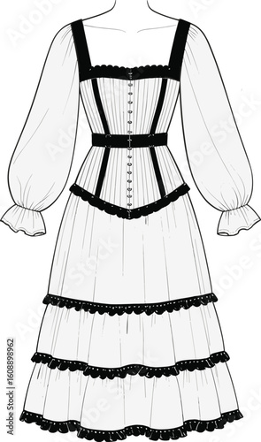 Traditional peasant dress fashion flat sketch with tiered ruffle skirt, bishop sleeves, and lace-up bodice, front and back view