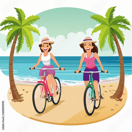Joyful Coastal Ride Two Women Cycling on a Tropical Beach