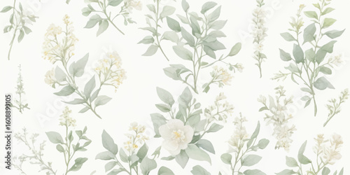 Romantic Watercolor Floral Illustration Set with Ivory Blooms, Butter Yellow Petals, Dusty Green Foliage, and Dusty Blue Details Isolated on Transparent Background