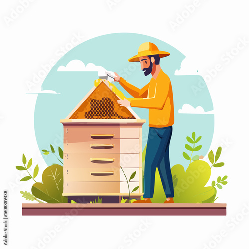 Cartoon illustration of a male apiarist harvesting honey from a wooden beehive in a lush green garden setting