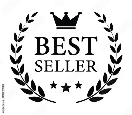 Best seller badge. Best selling award icon with crown and stars. Transparent PNG and vector illustration.	