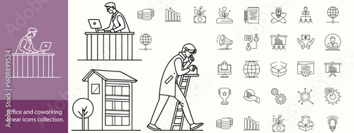 Office and cowering linear icons collection. Big set of thin line icons in black. Vector illustration