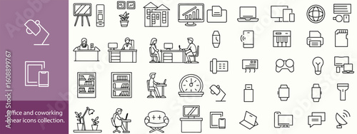 Office and cowering linear icons collection. Big set of thin line icons in black. Vector illustration