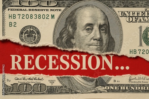 Economic Recession: A hundred-dollar bill torn apart reveals the word RECESSION in bold letters, representing the difficult concept in global economics.