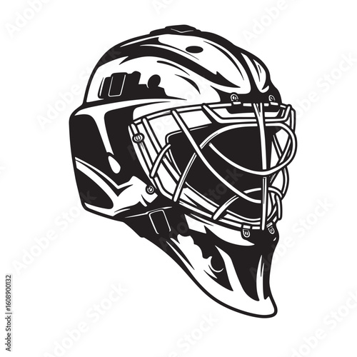 Black and white hockey goalie mask vintage art illustration isolated on white