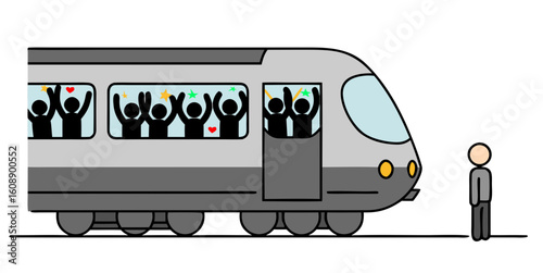 A metaphor for missed opportunities. A man on an empty platform watches a departing train full of merry silhouettes, symbolizing the feeling that life is passing him by.
