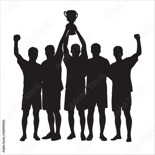 Silhouette of Soccer Football Team Lifting Trophy in Celebration