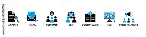 Inbound marketing banner web icon vector illustration concept with icon of analysis, email, customer, crm, guided selling, seo and public relations