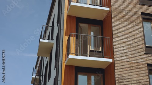 Elements of a new apartment building, a newly built apartment building, a new apartment building, a modern residential complex, a beautiful residential building design