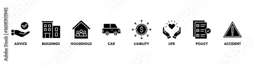 Insurance banner web icon vector illustration concept with icon of advice, buildings, household, car, liability, life, policy and accident