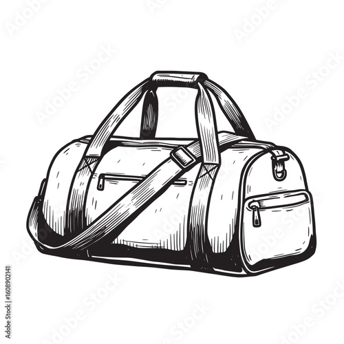 Detailed vintage illustration of a classic duffel bag with handles and shoulder strap on white background