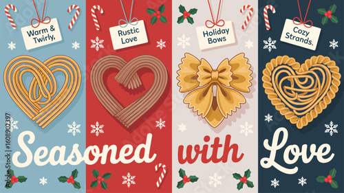 Four Heart Shaped Pasta Illustrations Featuring Twirled Spaghetti Brown Pasta and Farfalle Bows Festive Holiday Decorations Candy Canes Holly