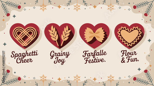 Four Red Hearts Vector Art Featuring Spaghetti Cheer Grainy Joy Farfalle Festive and Flour Fun Illustrated with Wheat and Pasta Shapes on