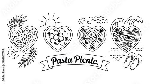 Four Line Drawings of Heart Shaped Bowls Filled with Different Types of Pasta Including Spaghetti Penne and Small Round Pasta with a Pasta