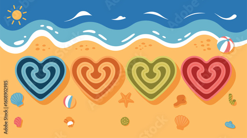 Four Colorful Heart Shaped Sandcastles on a Sunny Beach Scene with Ocean Waves Beach Balls and Seashells Flat Design Illustration