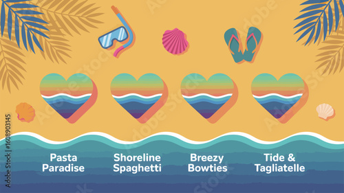 Four Rainbow Gradient Hearts Beach Scene Vector Illustration Summer Vacation Theme Pastel Colors Seashells Flip Flops Snorkel Gear Tropical