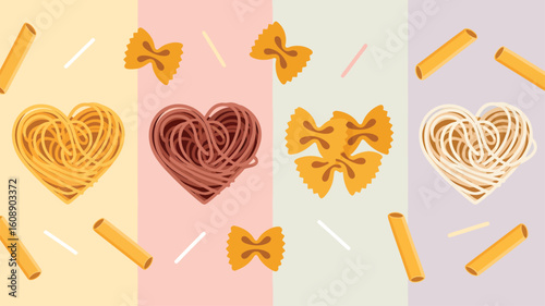 Four Heart Shaped Pasta Arrangements on Pastel Backgrounds Yellow Pink Beige Purple Colors Spaghetti Farfalle Penne Illustrative Food Photography