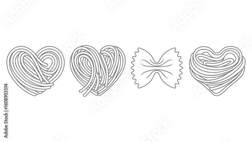 Black and white line drawing illustration of four different types of pasta shaped as hearts and a farfalle pasta