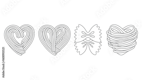 Four Black and White Line Drawings of Pasta Shaped as Hearts and Farfalle Bowties A Simple Graphic Depicting Various Pasta Types Arranged in