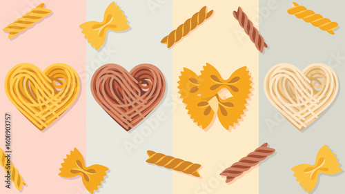 Flat Lay Illustration Four Colorful Pasta Shapes Arranged in Heart Designs Yellow Brown Beige White Backgrounds