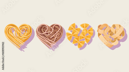 Four Heart Shaped Arrangements of Various Pasta Types Yellow Spaghetti Brown Spaghetti Farfalle and Pappardelle on a Light Beige Background
