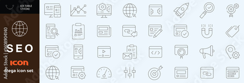 Seo icon set. Search Engine Optimization line icon set. Editable stroke. Vector illustration
