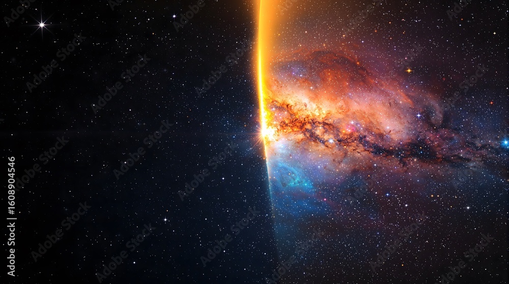 Fototapeta premium Stunning cosmic sunrise illuminates vibrant nebula and starry expanse, inspiring wonder and discovery.