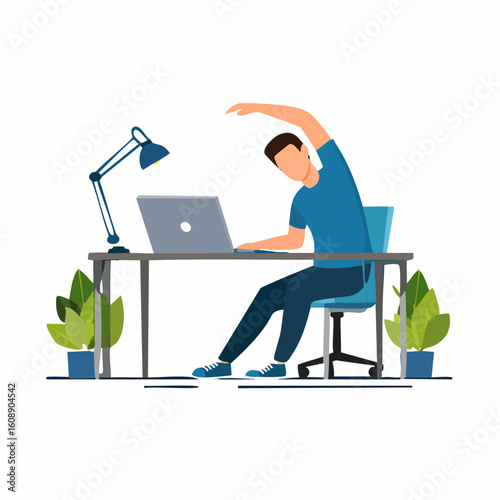 Man doing stretching exercises at his desk while working on a laptop, healthy lifestyle at office