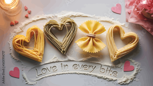 Four types of raw pasta arranged in heart shapes and a bowtie shape on a white surface with flour and pink hearts Love in every bite written