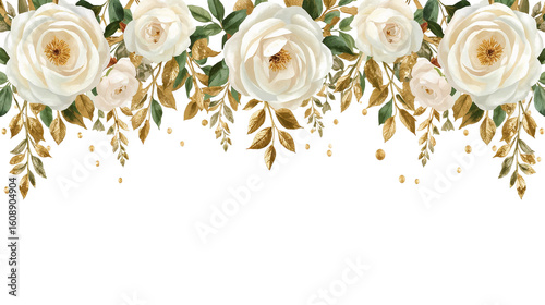 Elegant floral arrangement featuring white roses, gilded leaves, and golden specks on transparent backdrop.