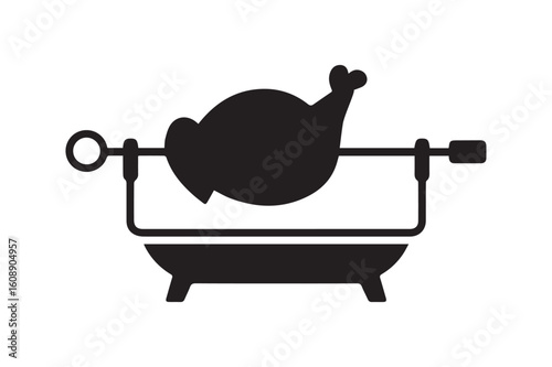 Rotisserie Chicken Roasting on a Spit Over an Open Flame Barbecue Silhouette Icon