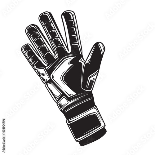 Vintage art style depicting a black and white illustration of a soccer goalkeeper glove