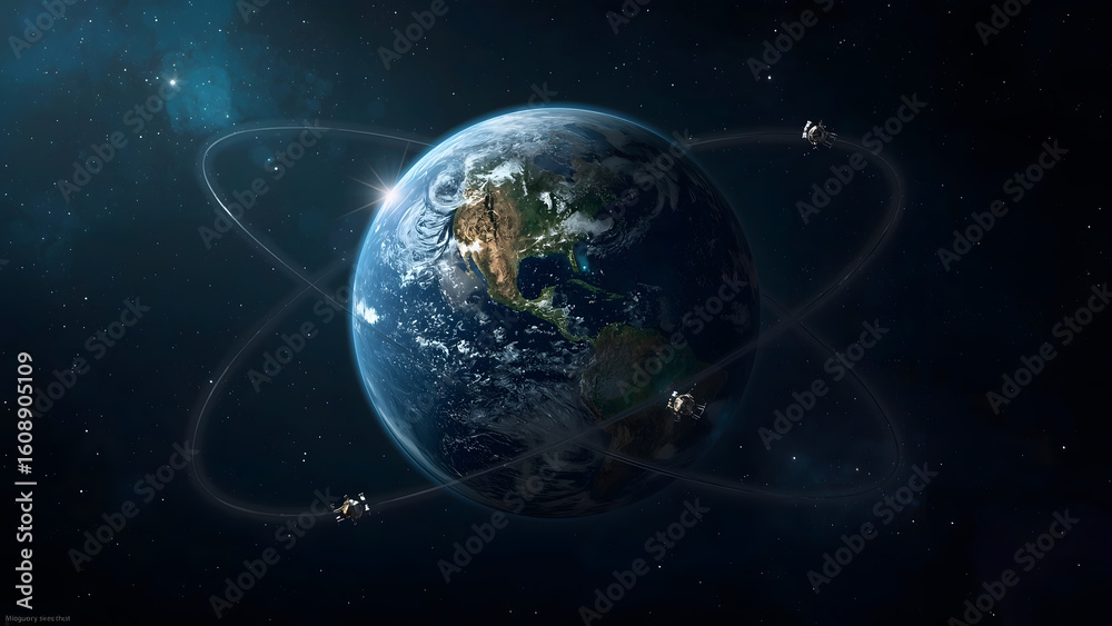 Fototapeta premium Earth from space with orbiting satellites, showcasing global communication, advanced technology, and the beauty of our planet.