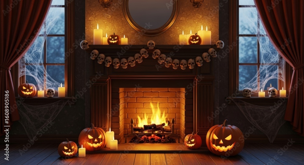 Obraz premium A cozy Halloween scene with a fireplace. Jack-o'-lanterns are placed around the room. Candles illuminate the space, creating a warm atmosphere. Spider webs decorate the windows.