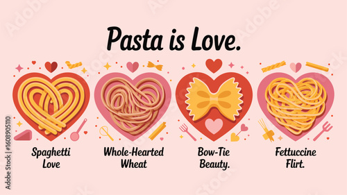 Four Heart Shaped Pasta Illustrations Spaghetti Love Whole Hearted Wheat Bow Tie Beauty Fettuccine Flirt Pink Background 1