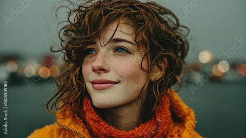 Woman with curly hair in jacket smiling softly