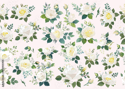 A collection of elegant white rose floral arrangements and individual elements in a watercolor or vector illustration